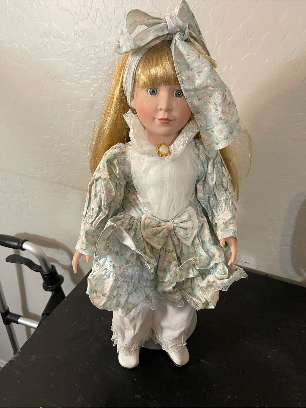 Porcelain Fashion Doll in Mint Floral Dress with Bow